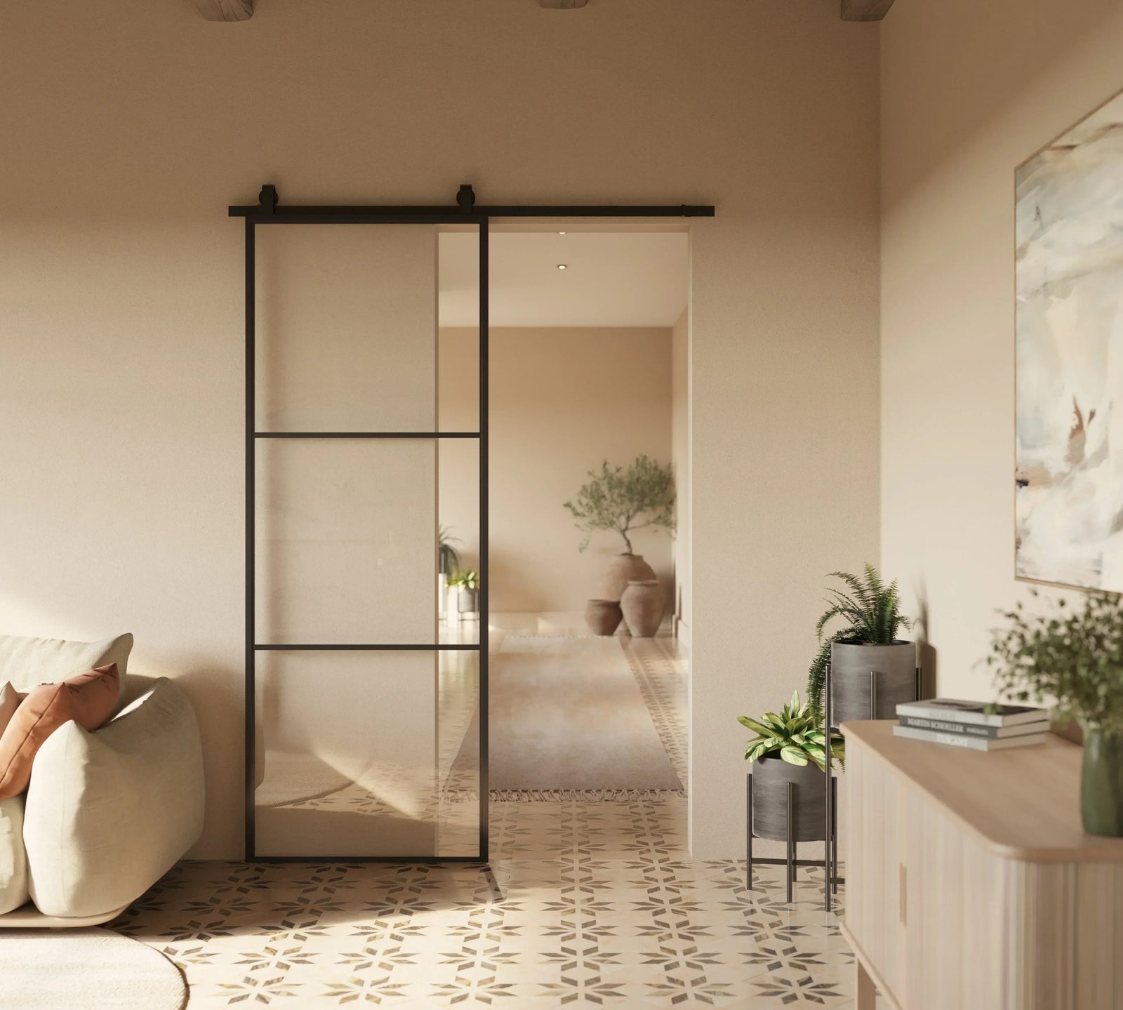 Steel barn door with clear glazing and narrow architectural sightlines