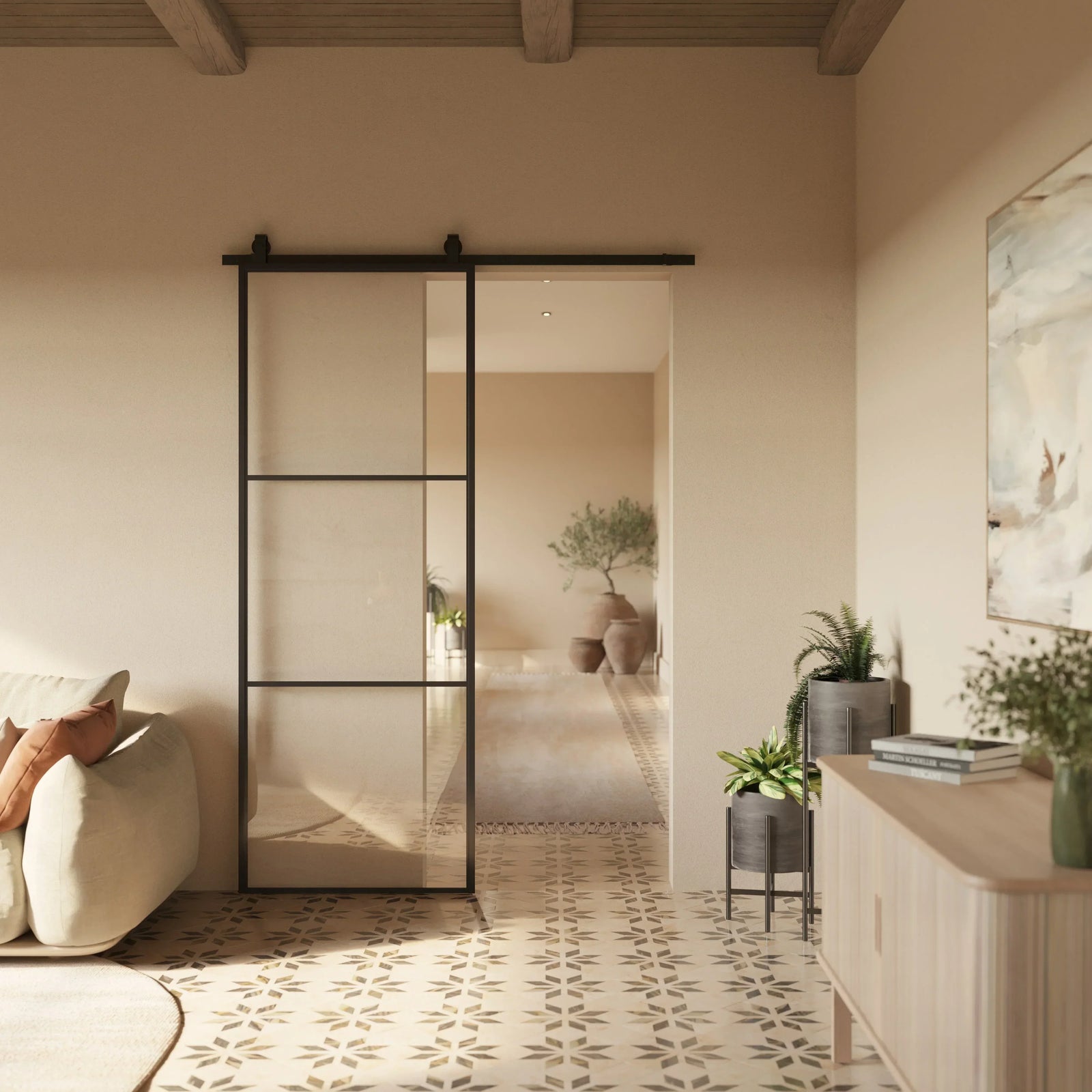 Steel barn door with clear glazing and narrow architectural sightlines
