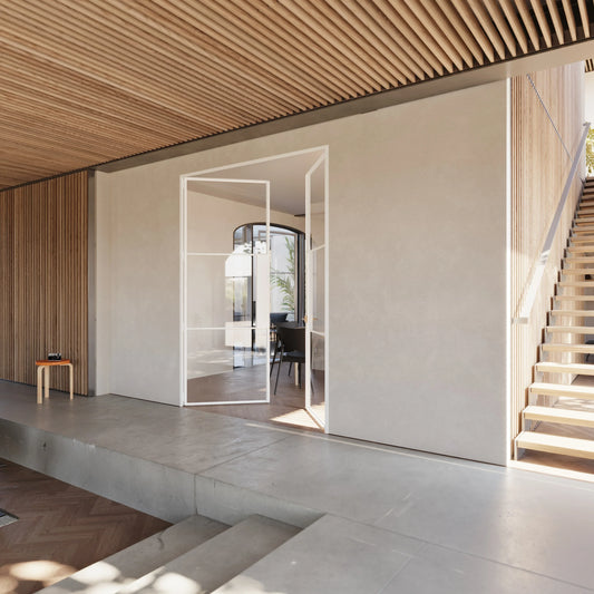 Modern minimalist interior with glass pivot door