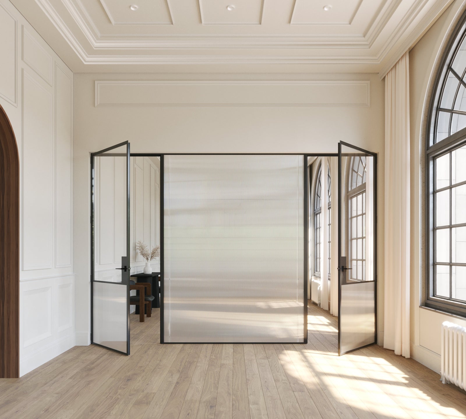 Custom steel interior passage doors with glass panels and contemporary styling