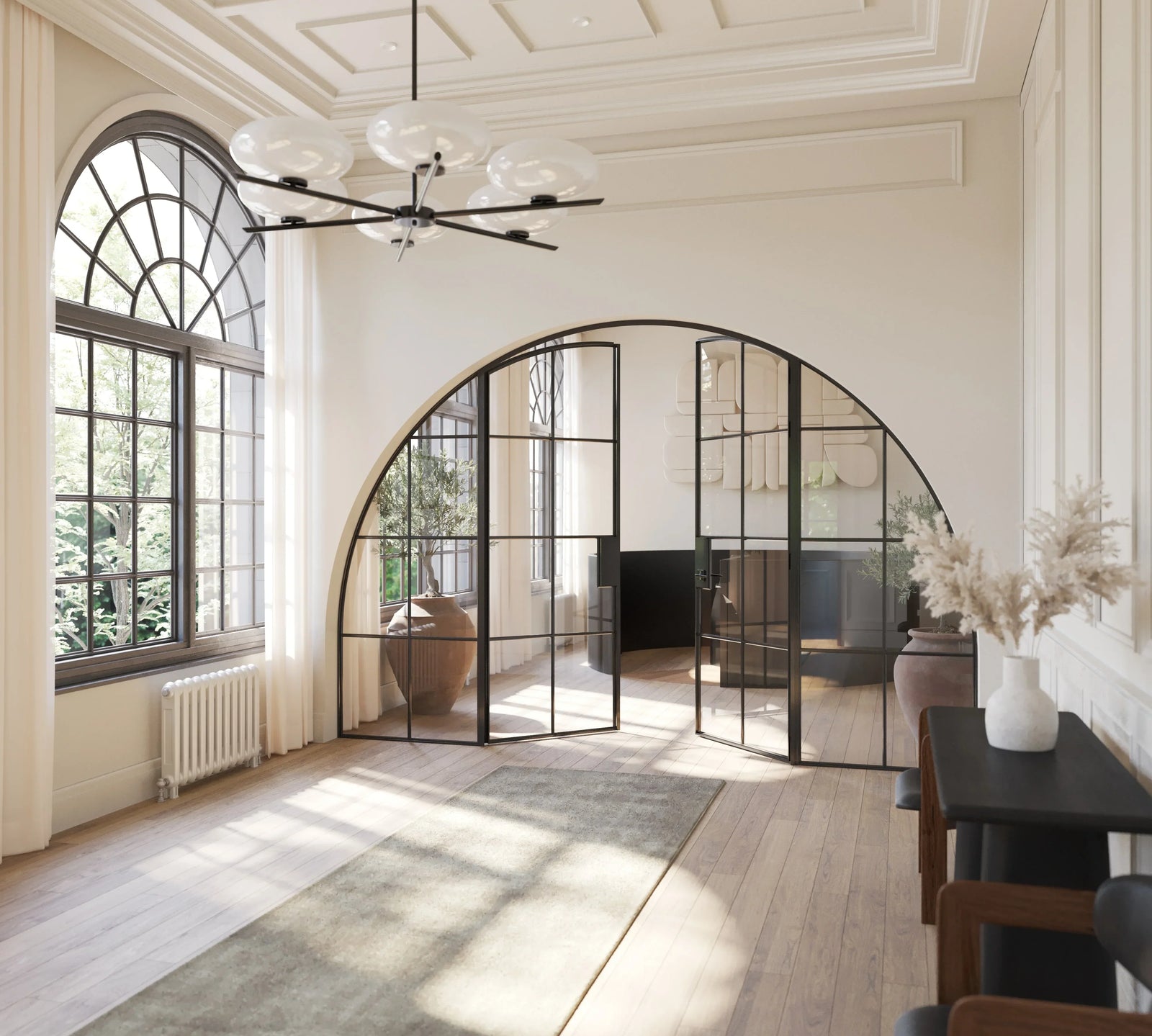 luxury condo with factory-style steel doors and windows