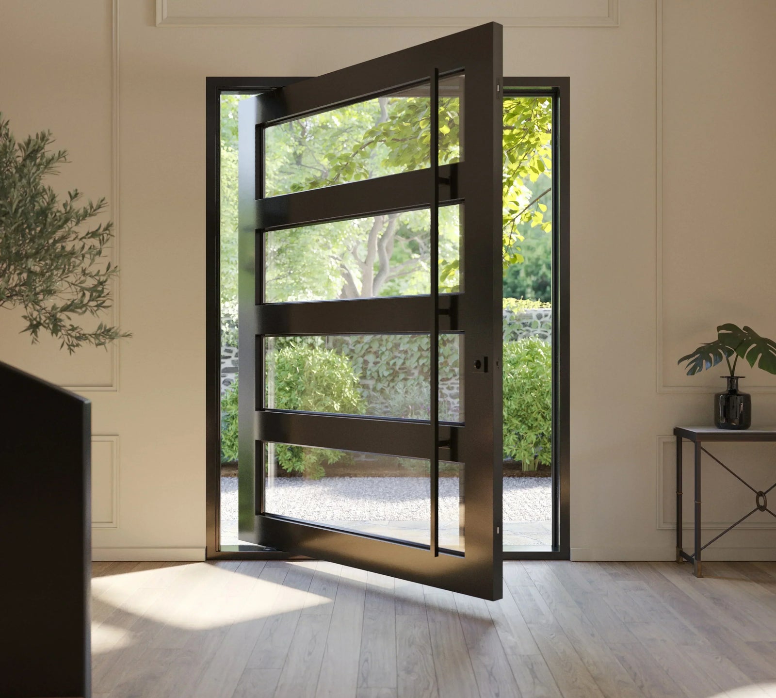 Minimalist iron entry pivot door with clear glass and steel frame
