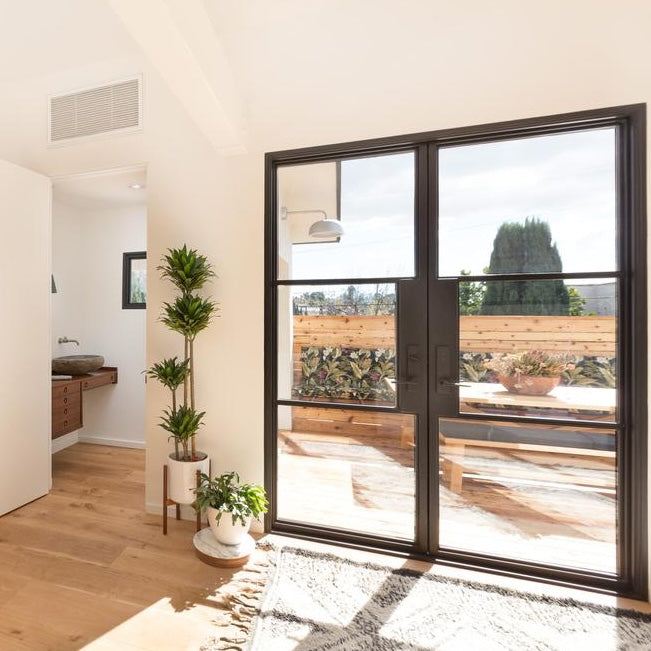 Double steel front door with clear glazing and sleek architectural frame
