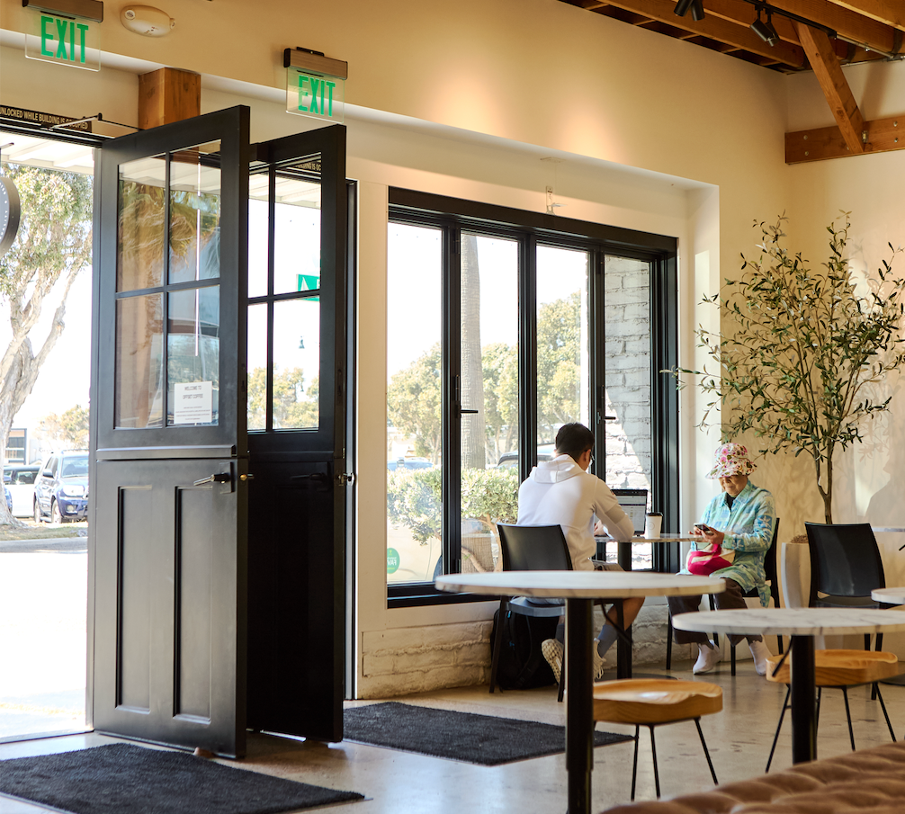 Steel door system with full glass panels and modern architectural design