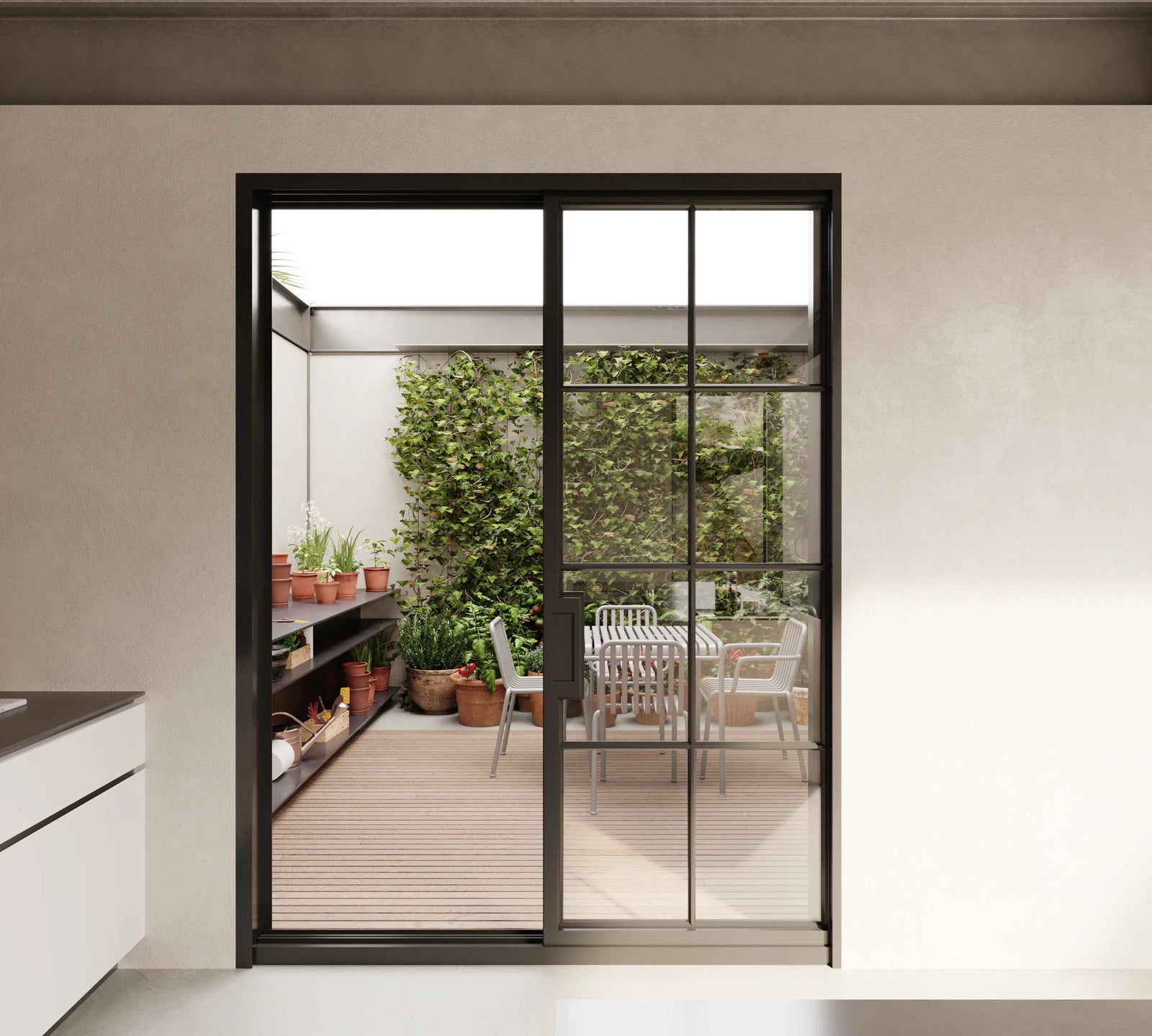 exterior glass steel framed sliding back door 