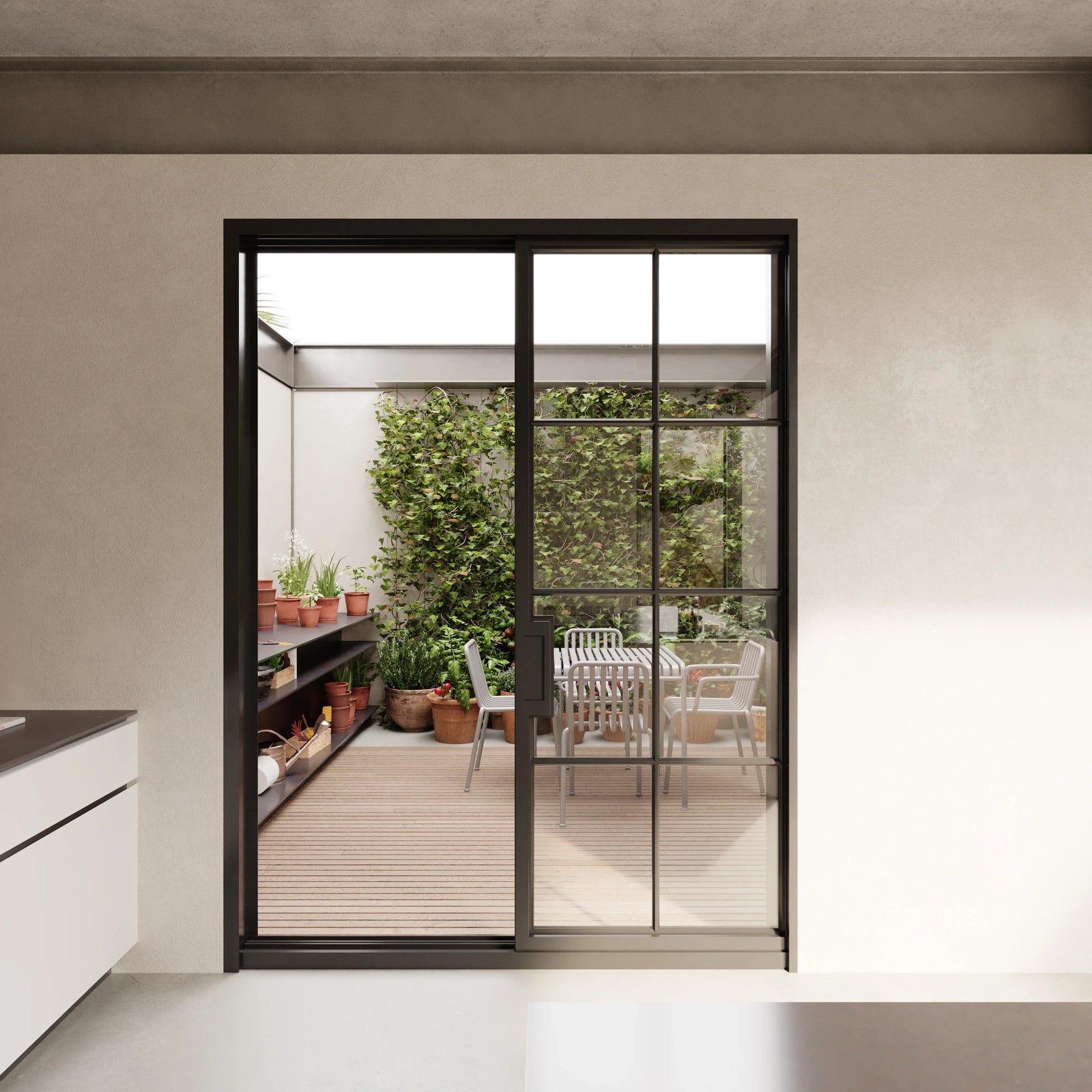 exterior glass steel framed sliding back door 