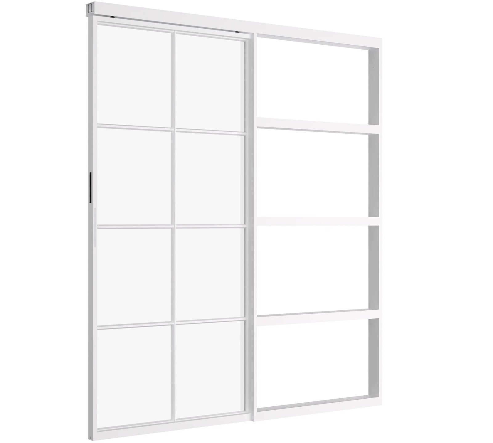 Architectural steel pocket sliding door with large glass panes and narrow steel grid