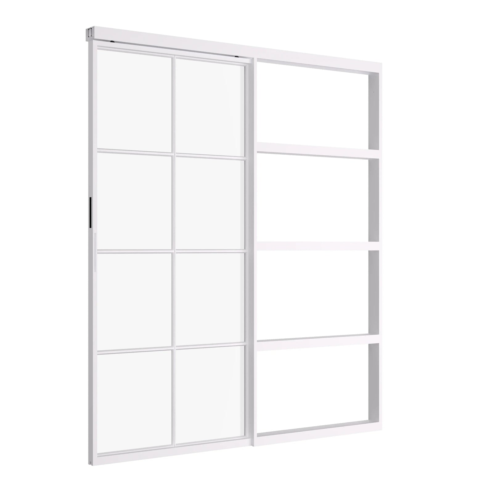 Architectural steel pocket sliding door with large glass panes and narrow steel grid