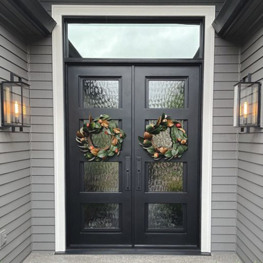 ADouble Front Door with Aquatex Glass Panels Decorated by Two Wreathes and a Transom with Low-E Glass