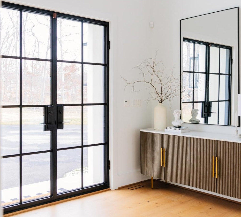 Contemporary double steel door with divided glass panes and minimalist design