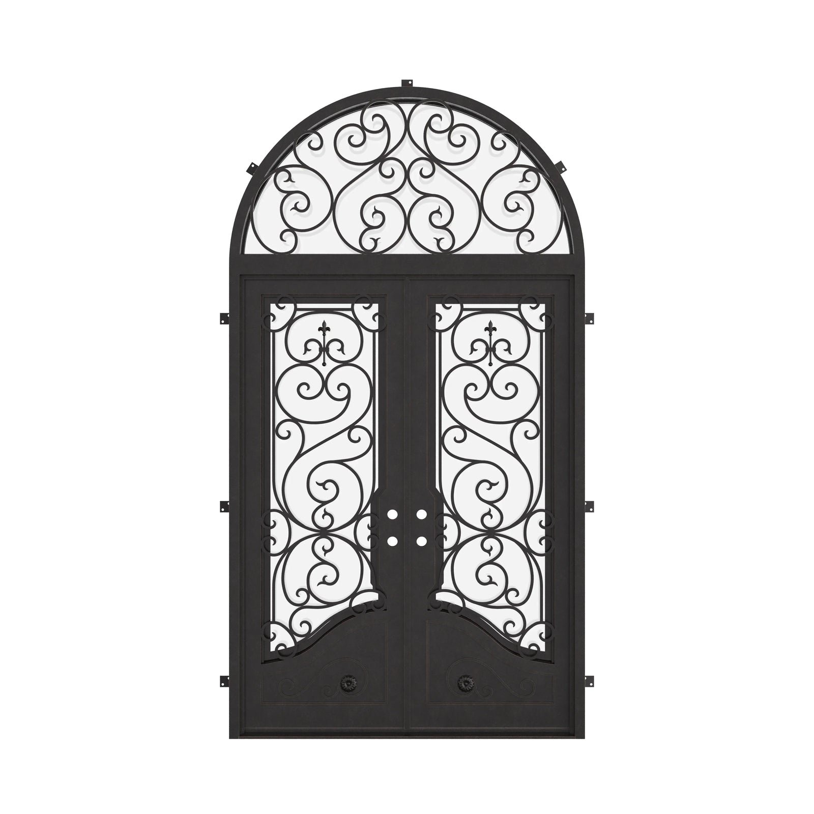 Beverly french swing door with radius top transom in matte black.