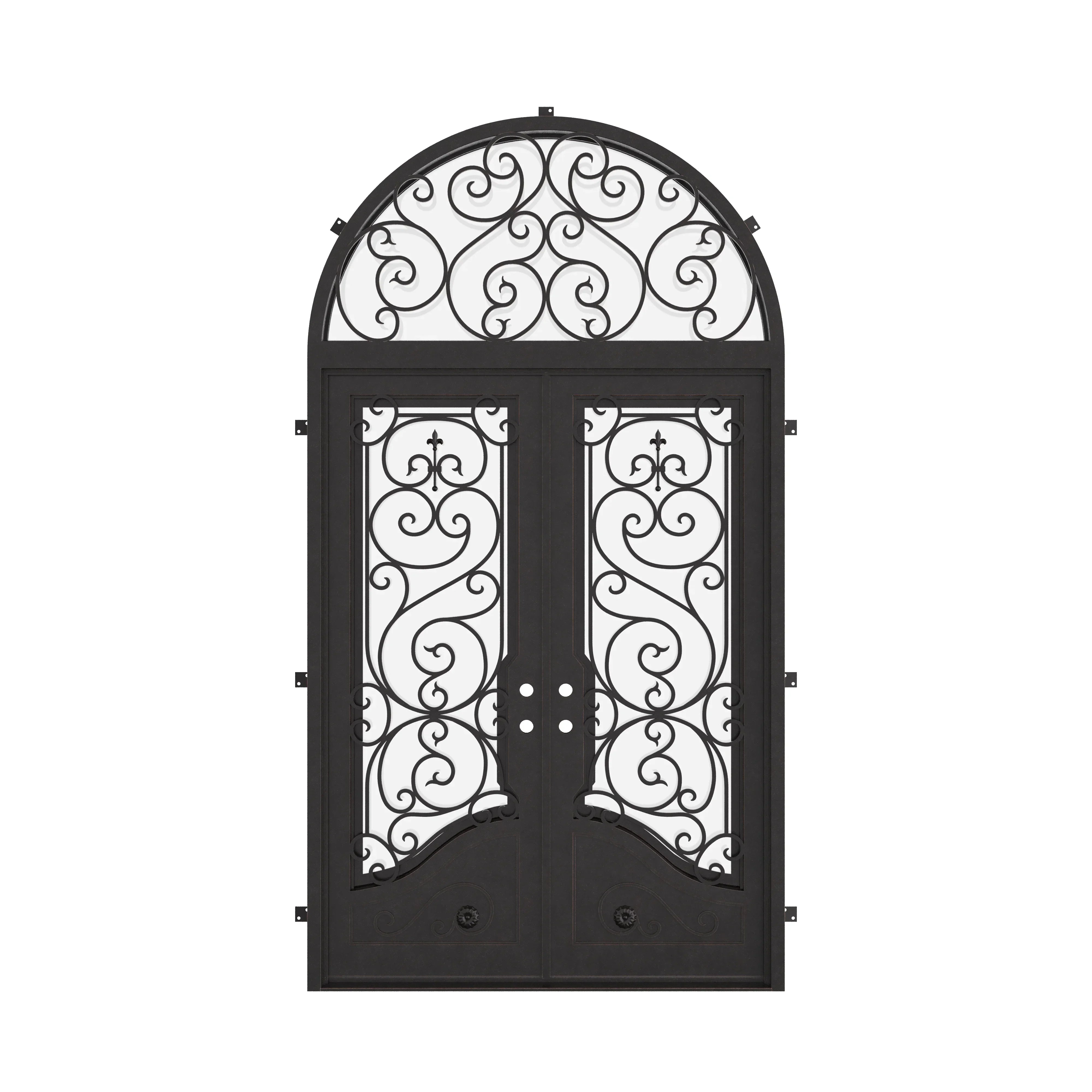 Beverly french swing door with radius top transom in matte black.