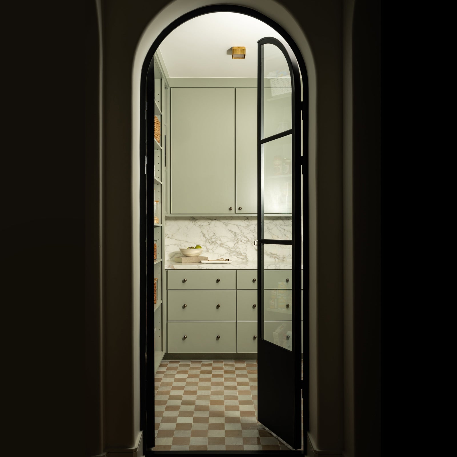 double arch cold-rolled steel black pantry door with kickplate