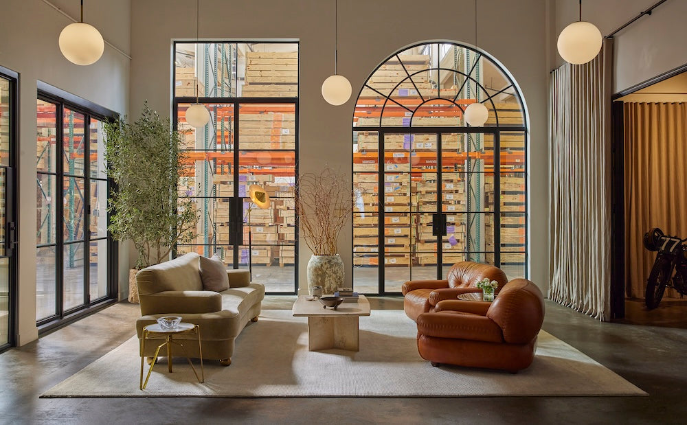 Pinkys showroom with large steel doors backed by warehouse