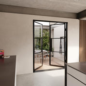 Pre-hung steel double door with glass and gridlines.