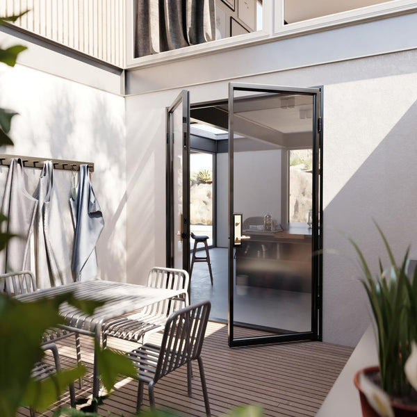 Contemporary double steel entry doors with thermal barrier and dual-pane Low-E glazing system