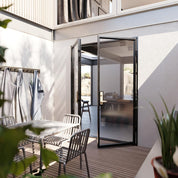 Pair of flat steel doors with thermal insulation and divided-lite glass
