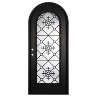Single entryway door with a full length pane of glass behind intricate iron detailing. Door features a full arch and is thermally broken to protect from extreme weather.
