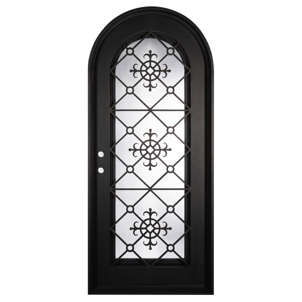 Single entryway door with a full length pane of glass behind intricate iron detailing. Door features a full arch and is thermally broken to protect from extreme weather.