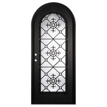 Load image into Gallery viewer, Single entryway door with a full length pane of glass behind intricate iron detailing. Door features a full arch and is thermally broken to protect from extreme weather.