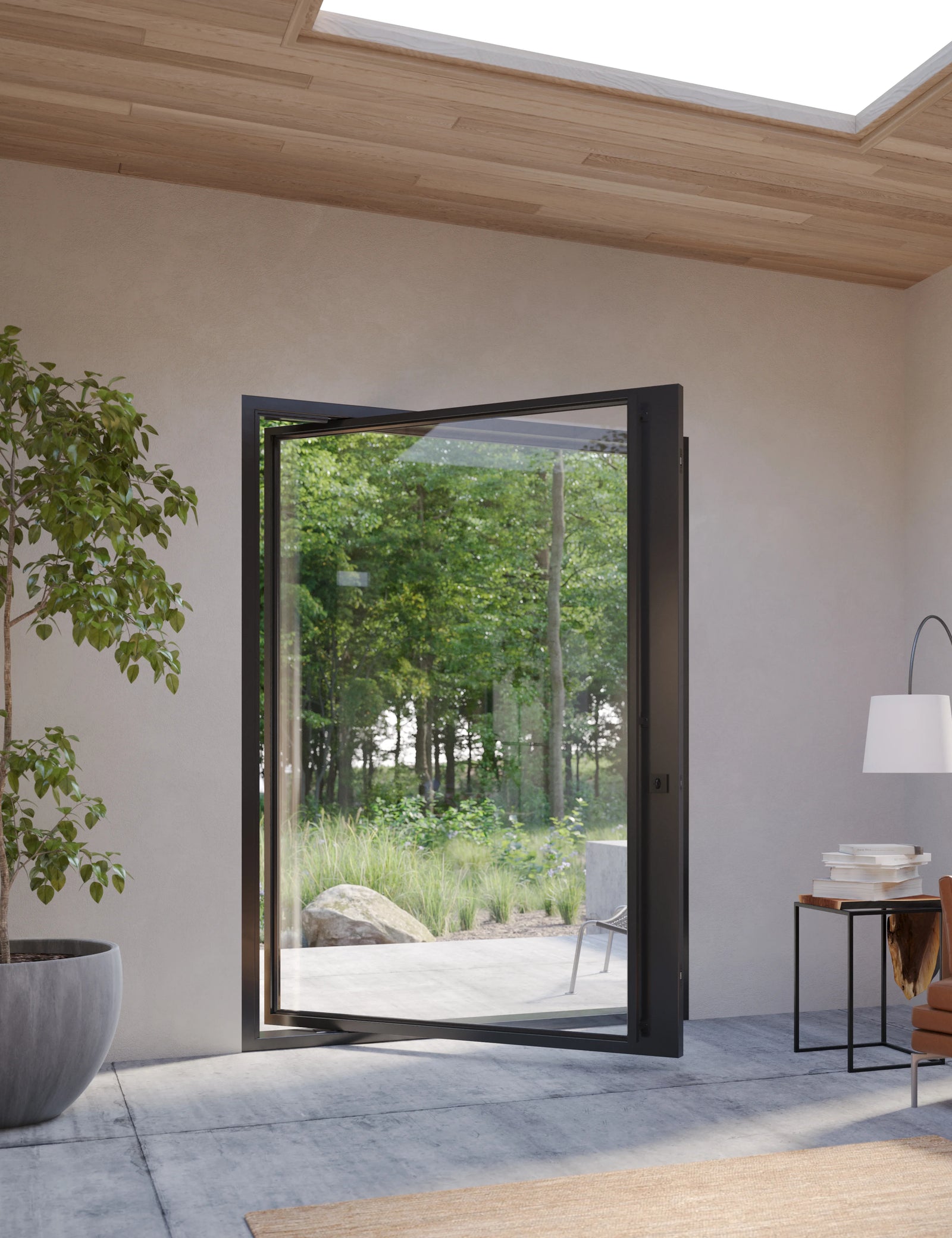 Modern pivot steel door with slim sightlines and dual-pane glass.