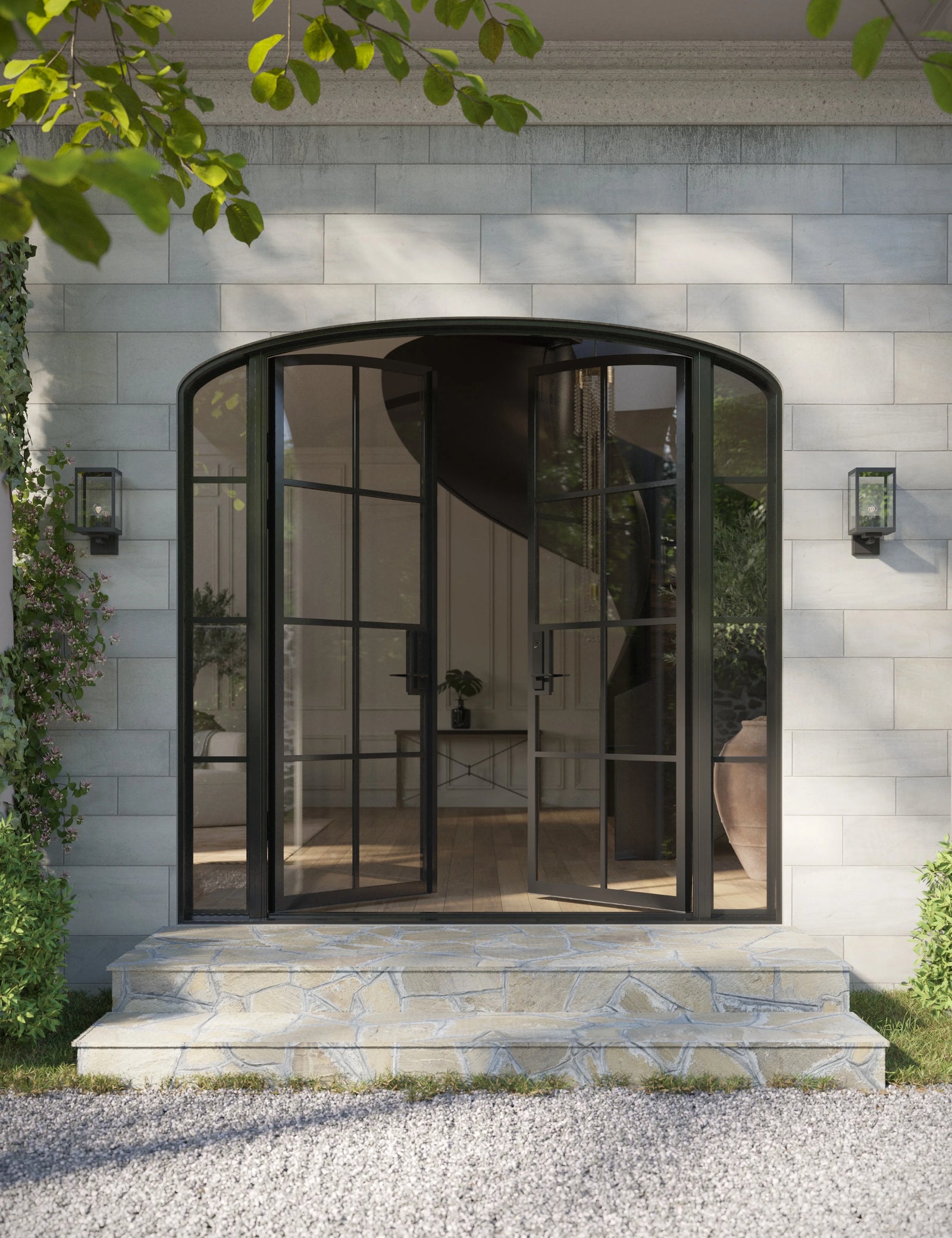Modern double mini arch steel entry door with side windows