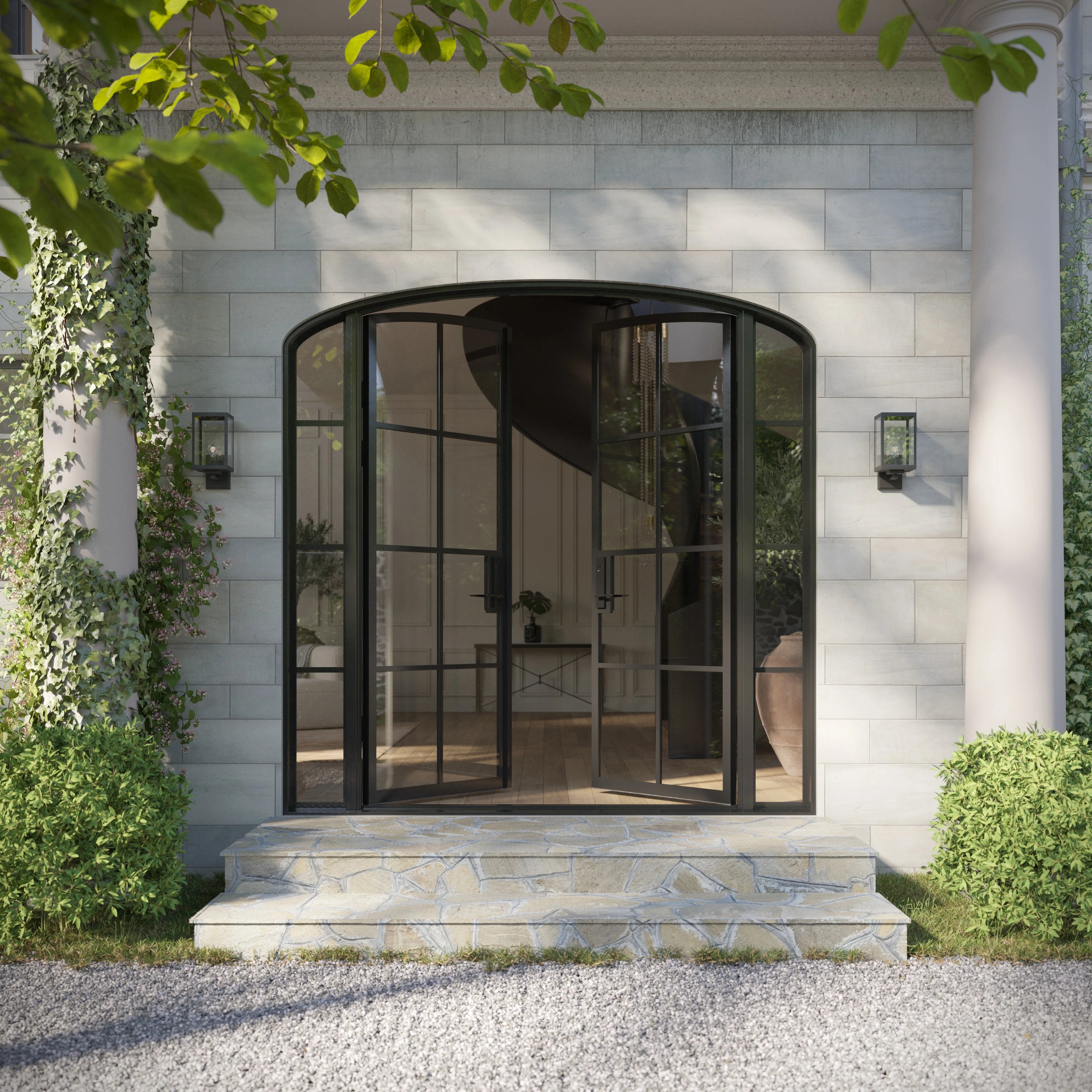 Modern double mini arch steel entry door with side windows
