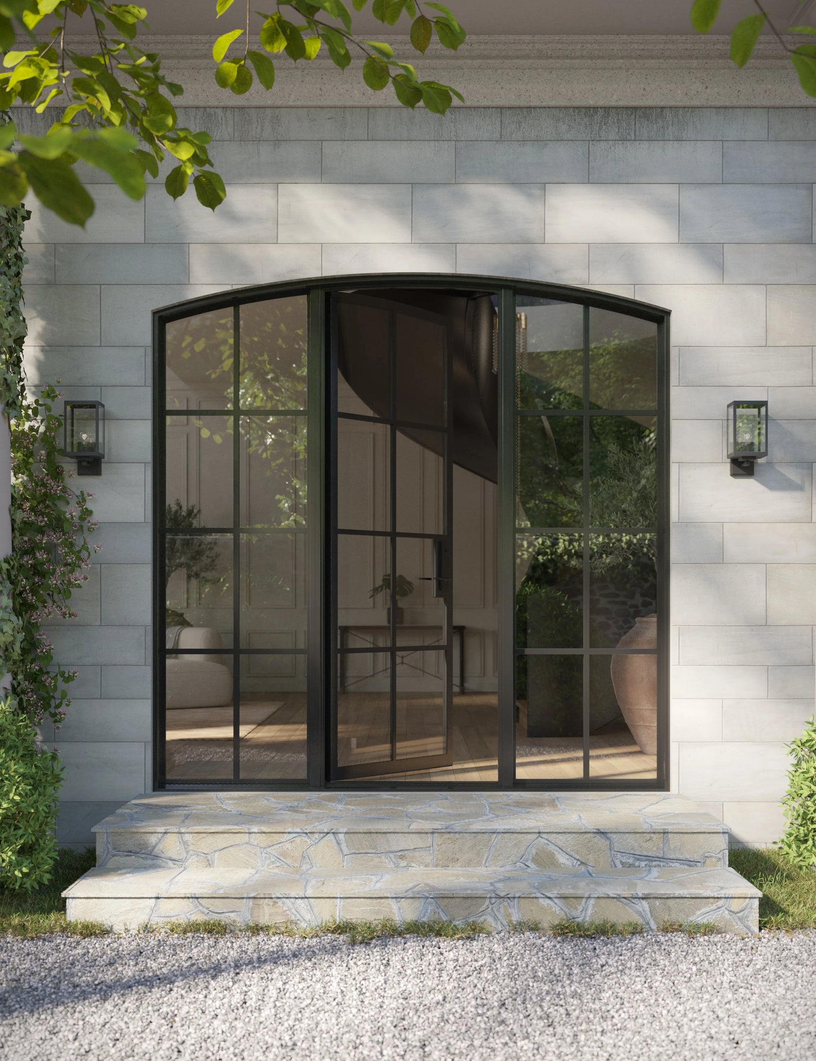 Modern single arch steel entry door with side windows