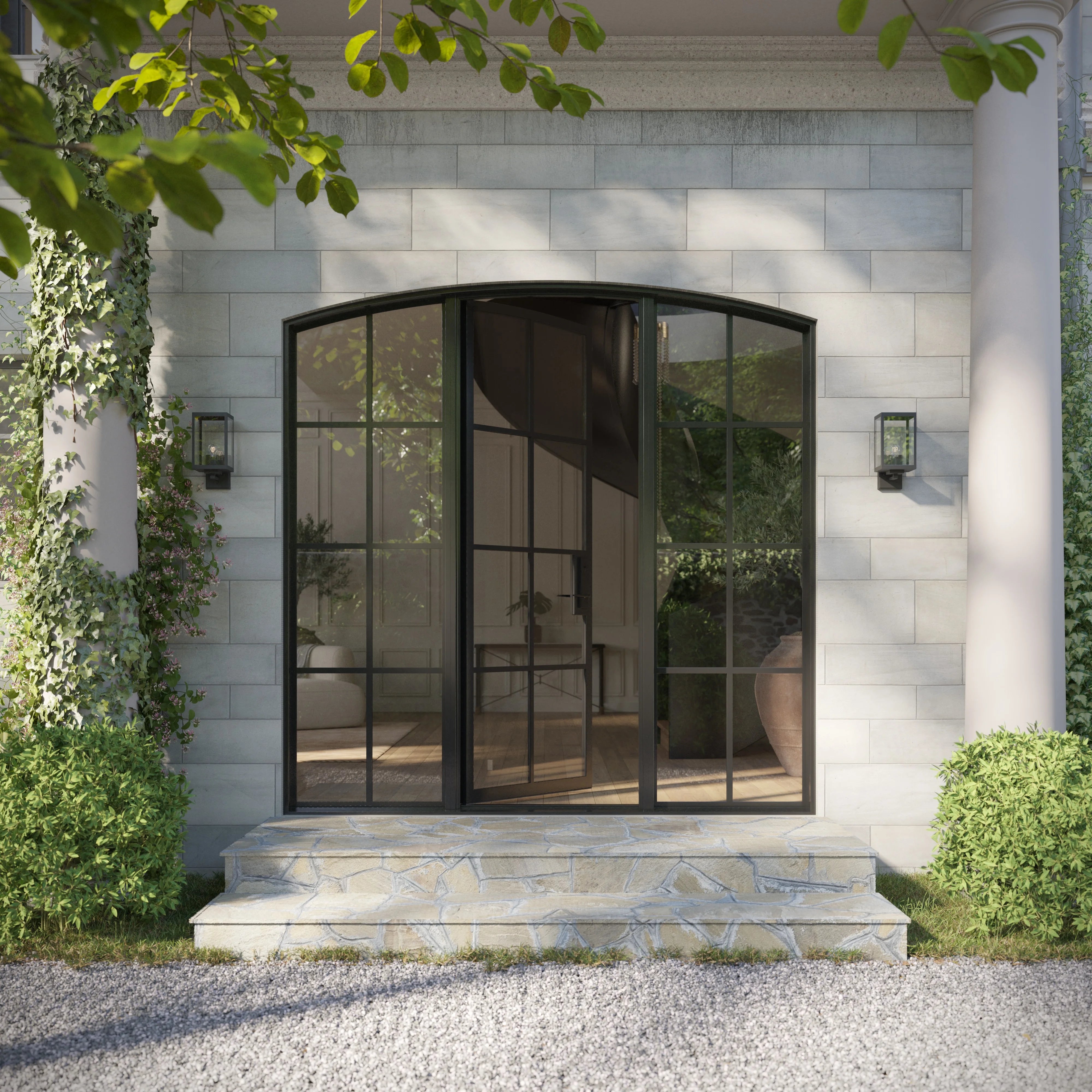Modern single arch steel entry door with side windows