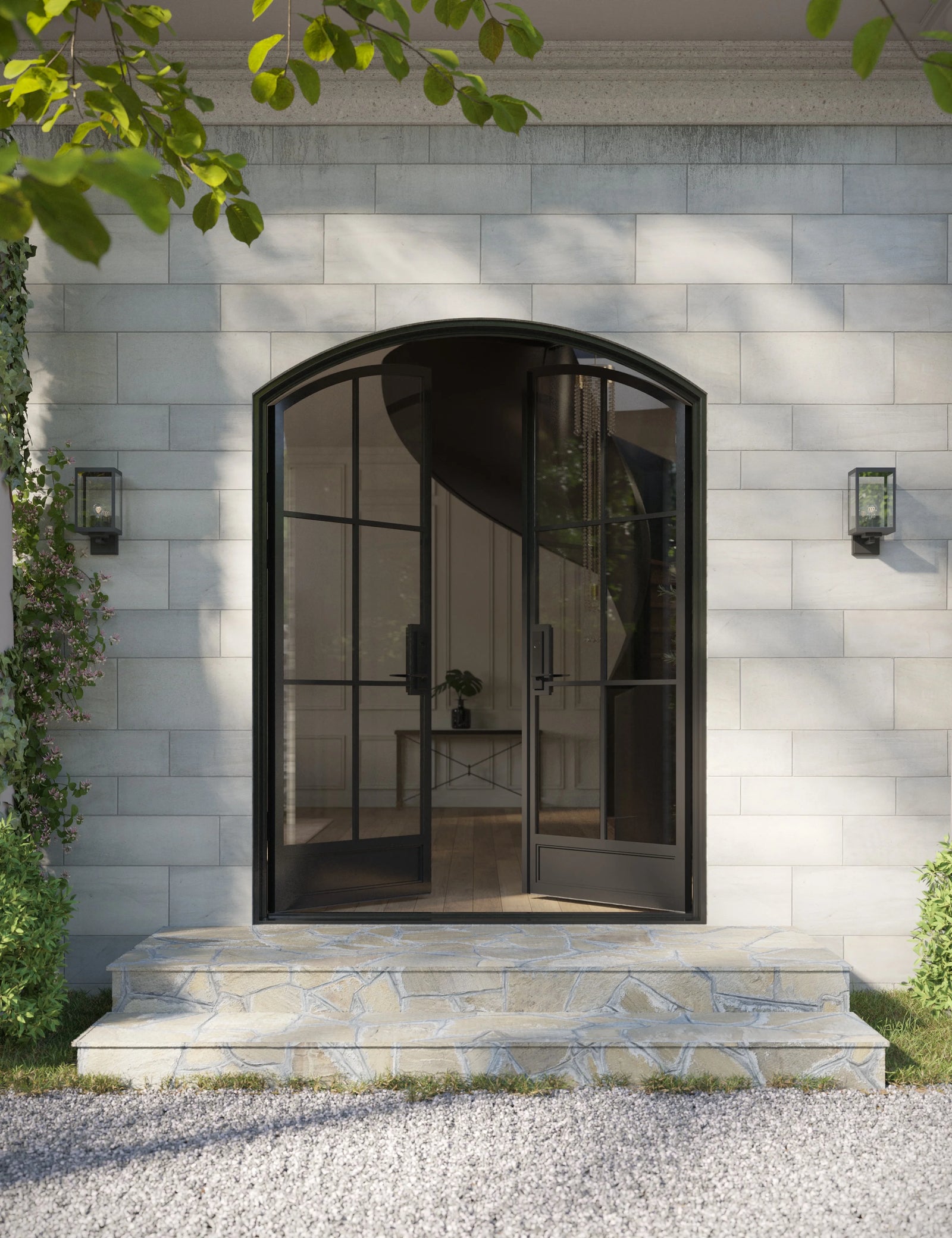 Arched double steel entry door with thermal break and large insulated glass panels