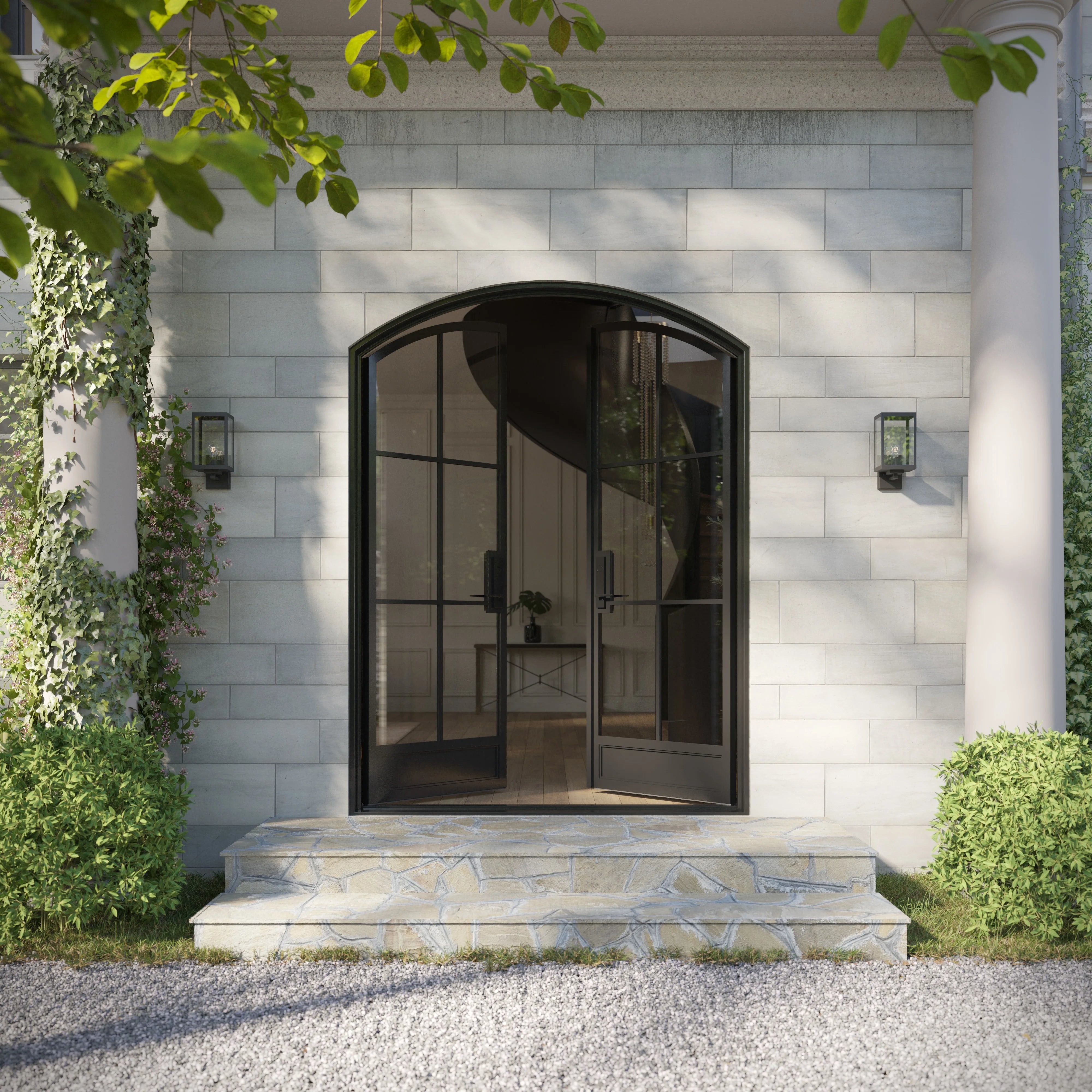 Arched double steel entry door with thermal break and large insulated glass panels