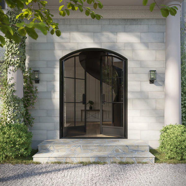 Arched double steel entry door with thermal break and large insulated glass panels
