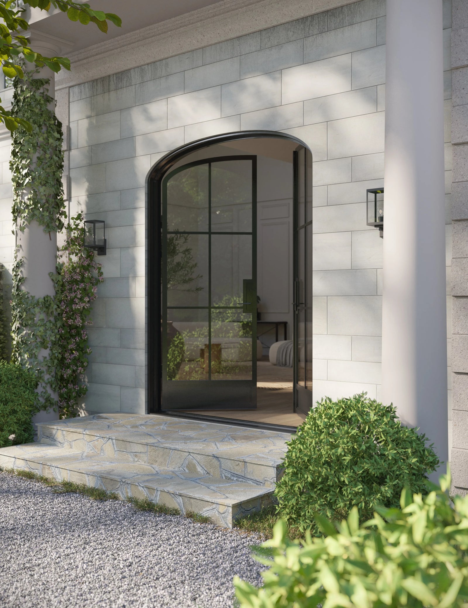 Air 7 double mini arch steel front doors, contemporary steel double entry with soft arch design