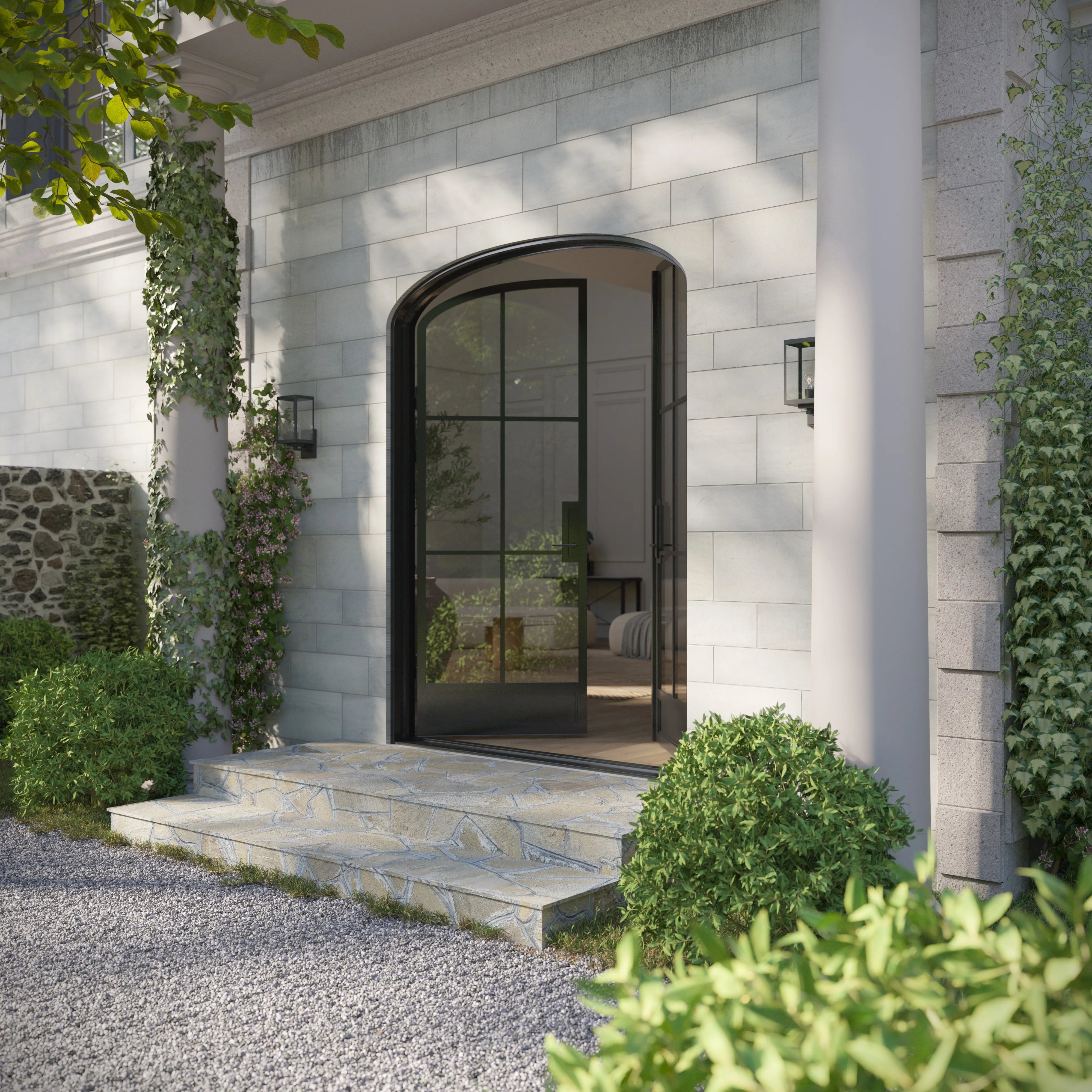 Air 7 double mini arch steel front doors, contemporary steel double entry with soft arch design