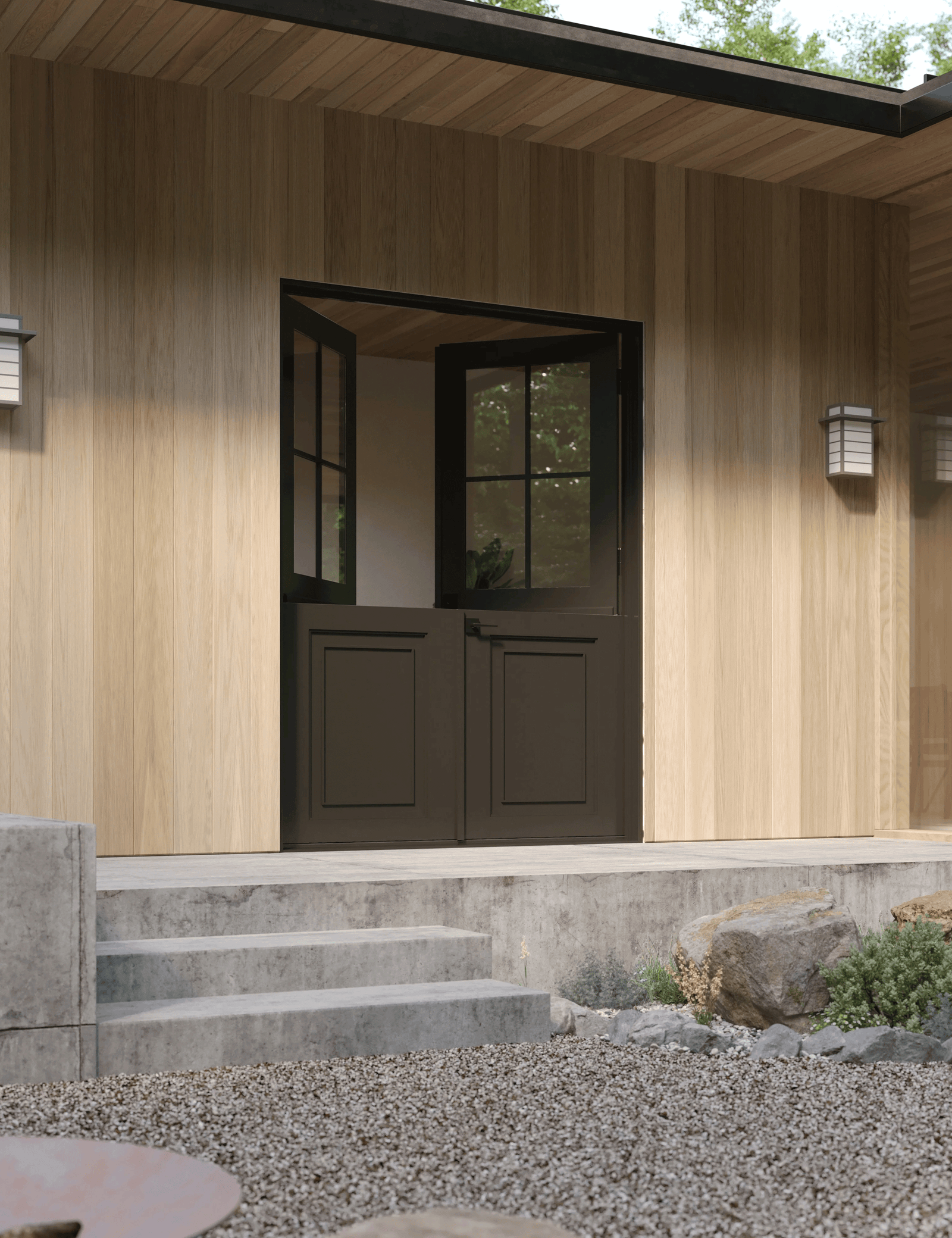 Double dutch black steel doors with square panel window in forest home