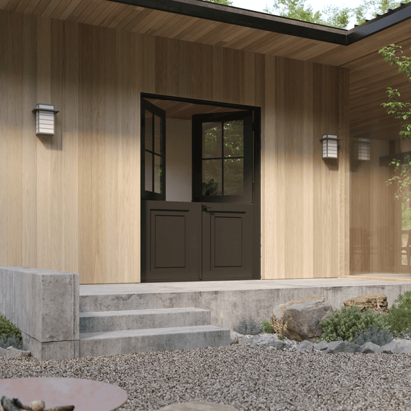 Double dutch black steel doors with square panel window in forest home