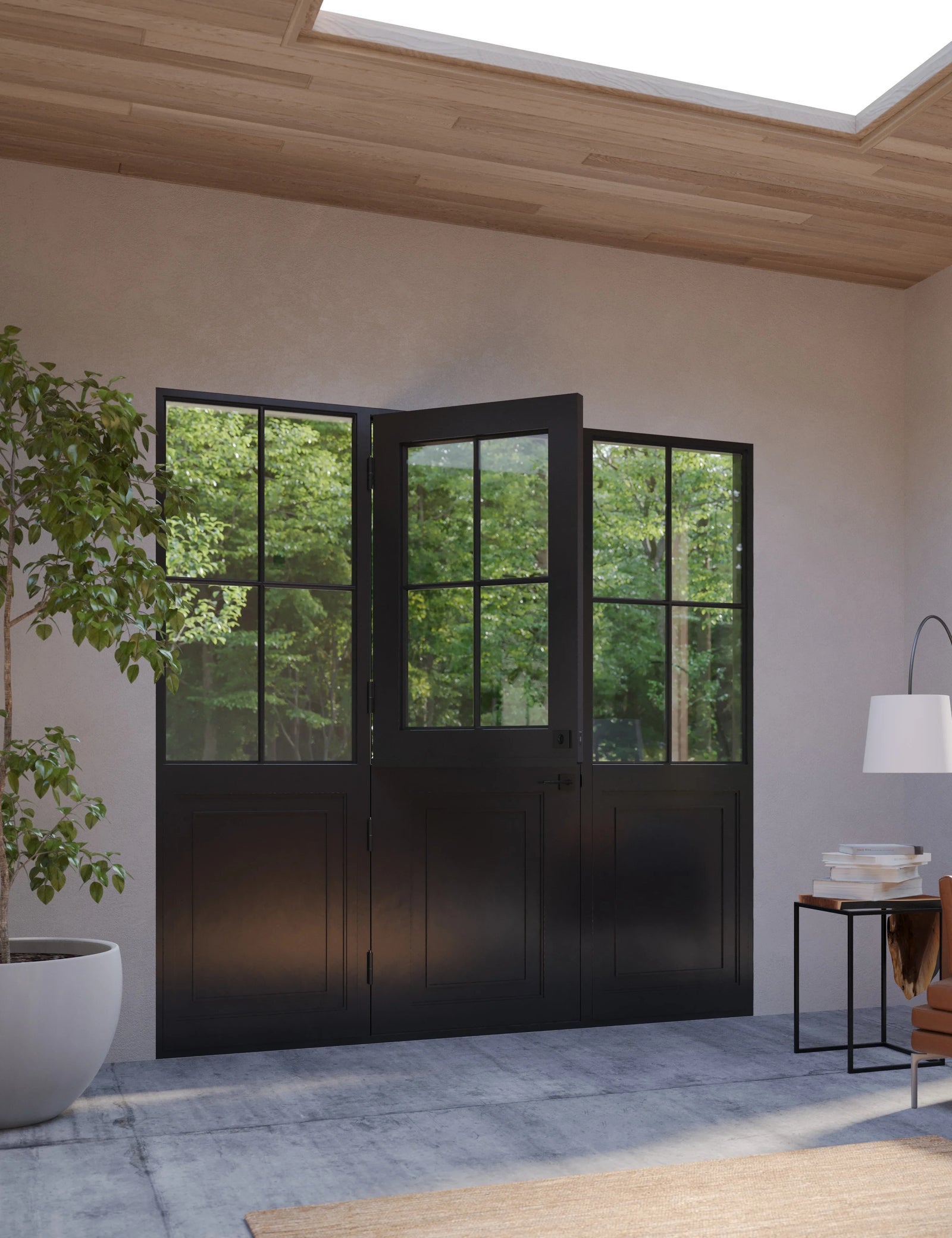 Air Getty Dutch single flat steel entry door with sidelights and traditional Dutch styling
