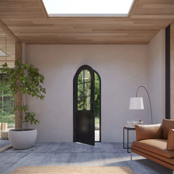 Air Getty single full arch custom thermal break steel exterior entry door with curved arch design