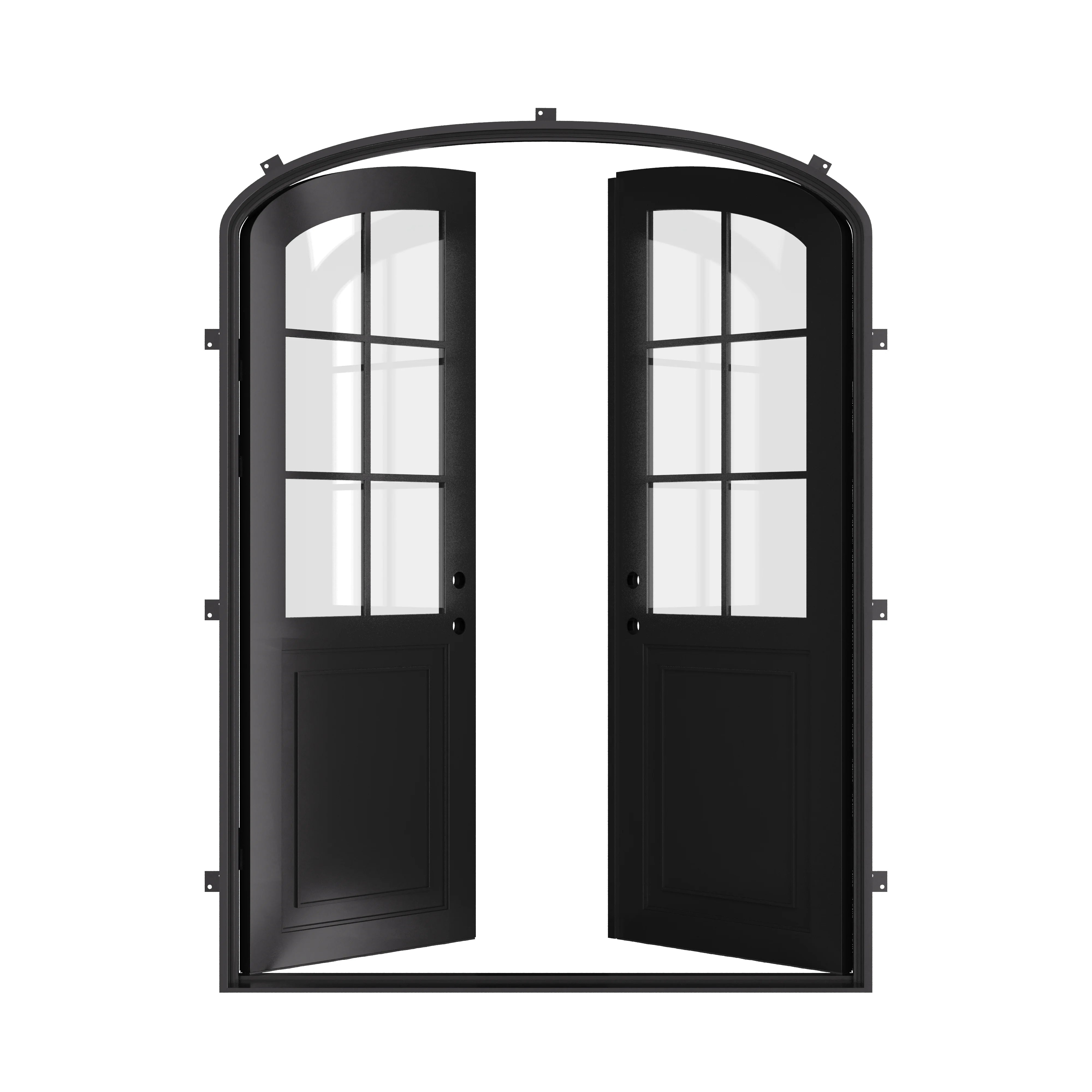 Air Getty double mini arch steel exterior doors with traditional curved transom design