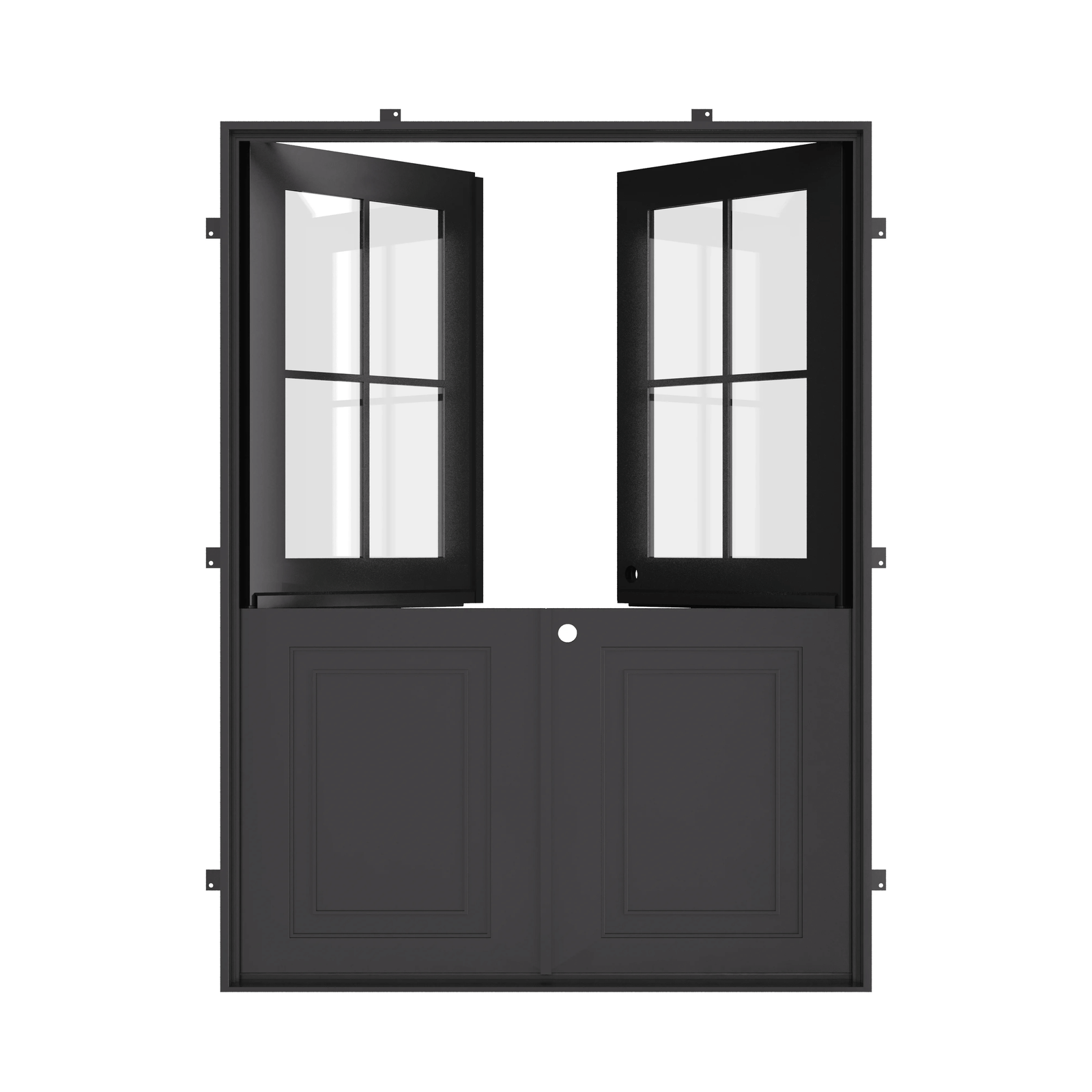 Open double dutch black steel doors with square panel window
