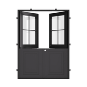 Open double dutch black steel doors with square panel window