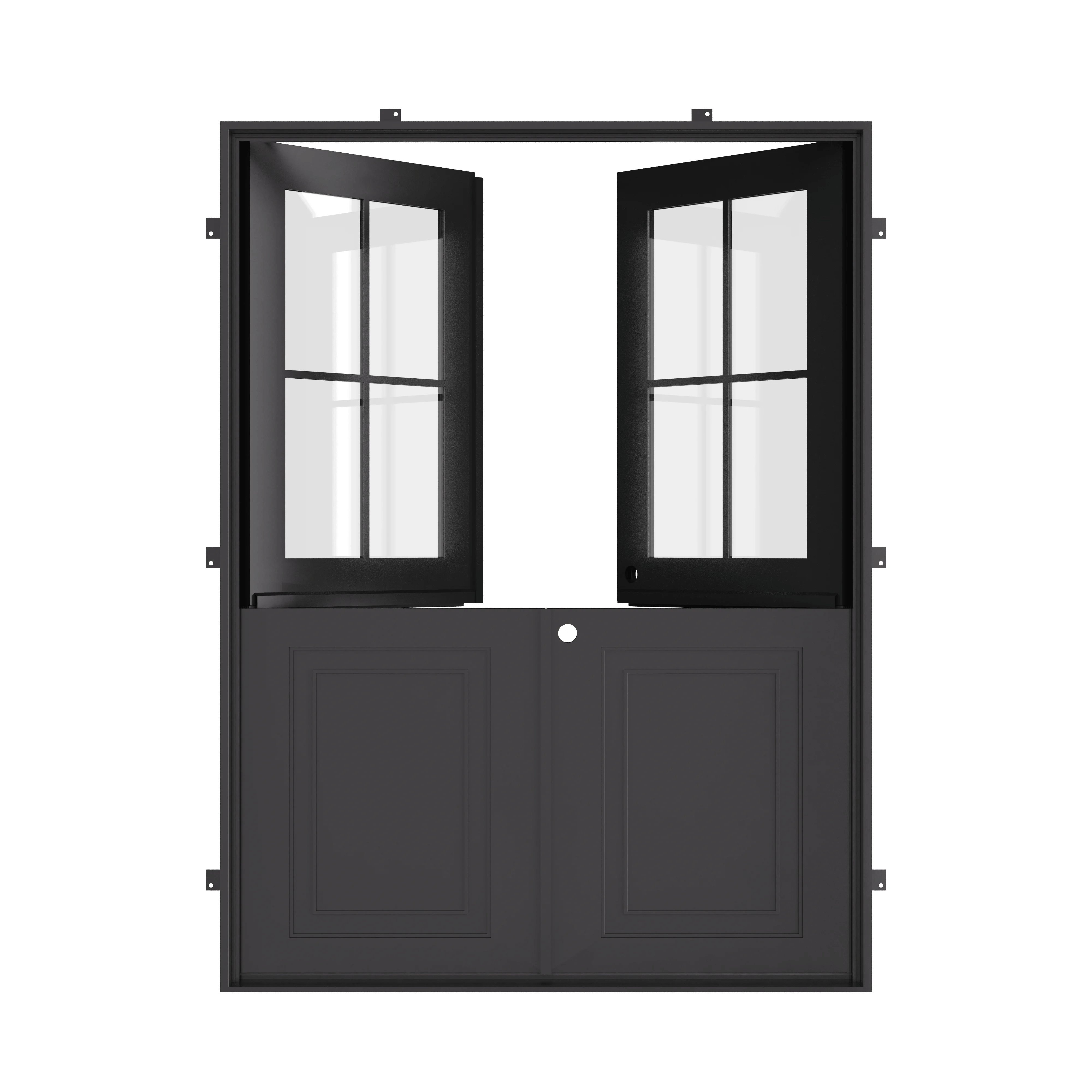 Open double dutch black steel doors with square panel window