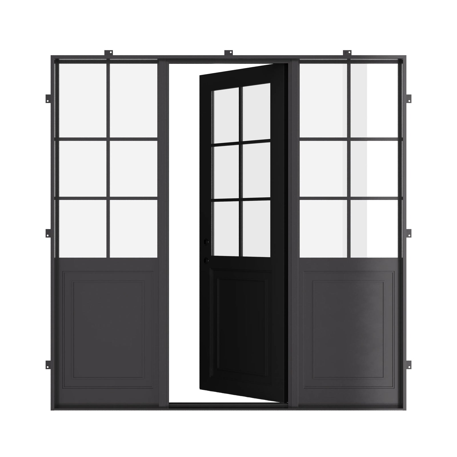 Air Getty single flat architectural steel front door with side windows and slim steel frames