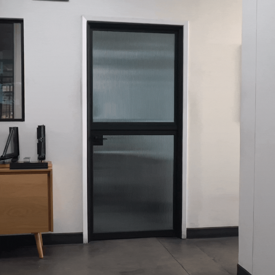 residential dutch door with operable top panel in black steel