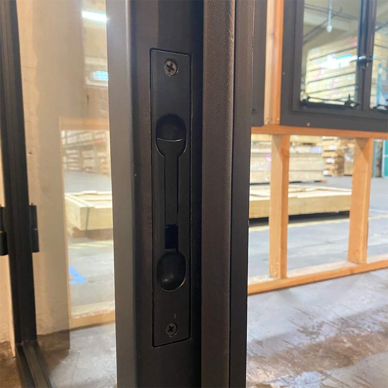 Our double doors both open, however the “inactive door” is held closed most of the time by flush bolts on the top and bottom. This door is usually used significantly less than the active door but is still fully functional. Our flush bolts are made very precisely and will not need any servicing or greasing when properly installed. The handle on this door will not be operable. 