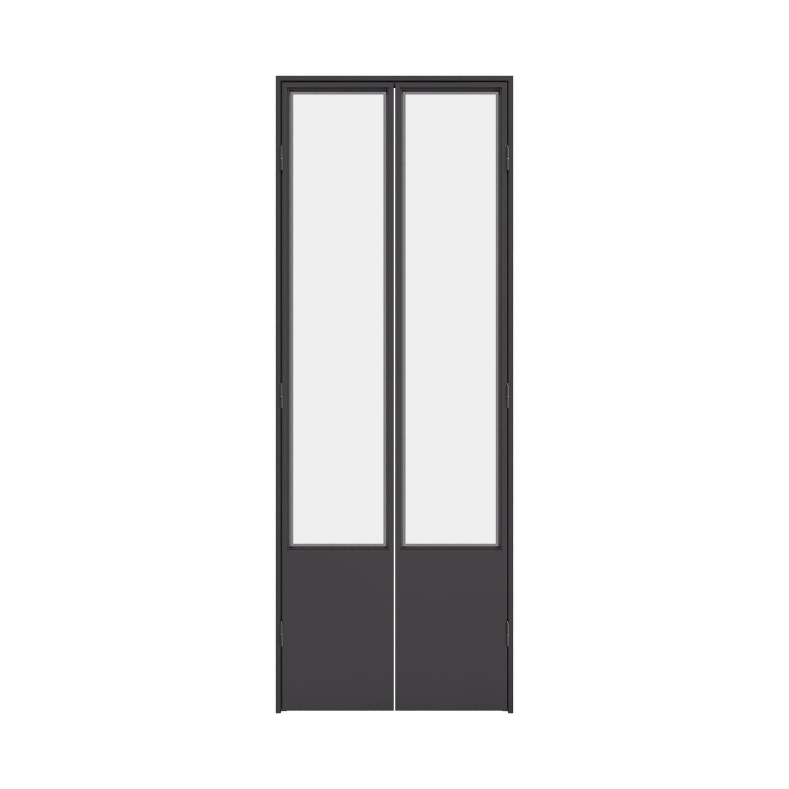 Modern interior pantry door with steel frame and large glass panel