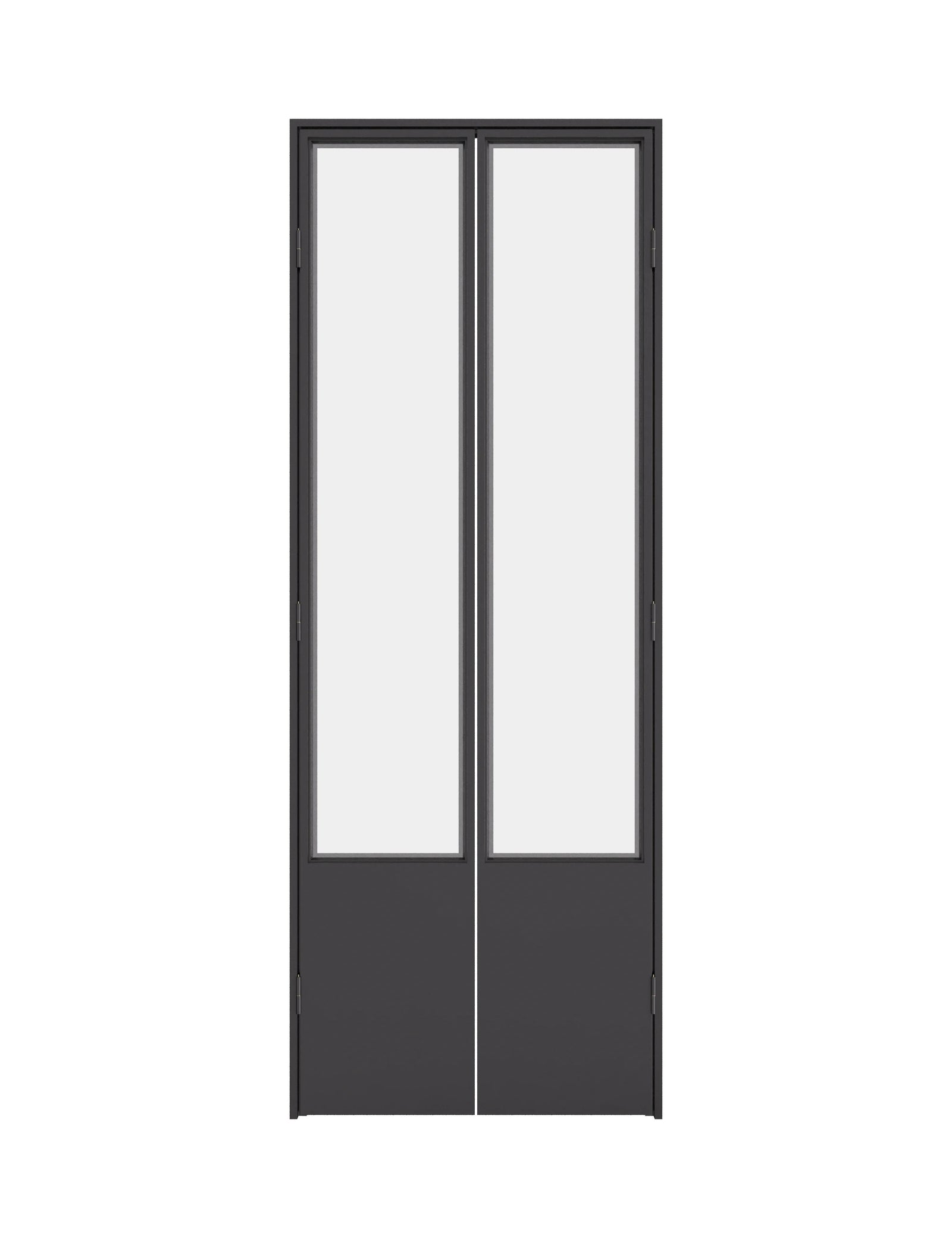 Modern interior pantry door with steel frame and large glass panel