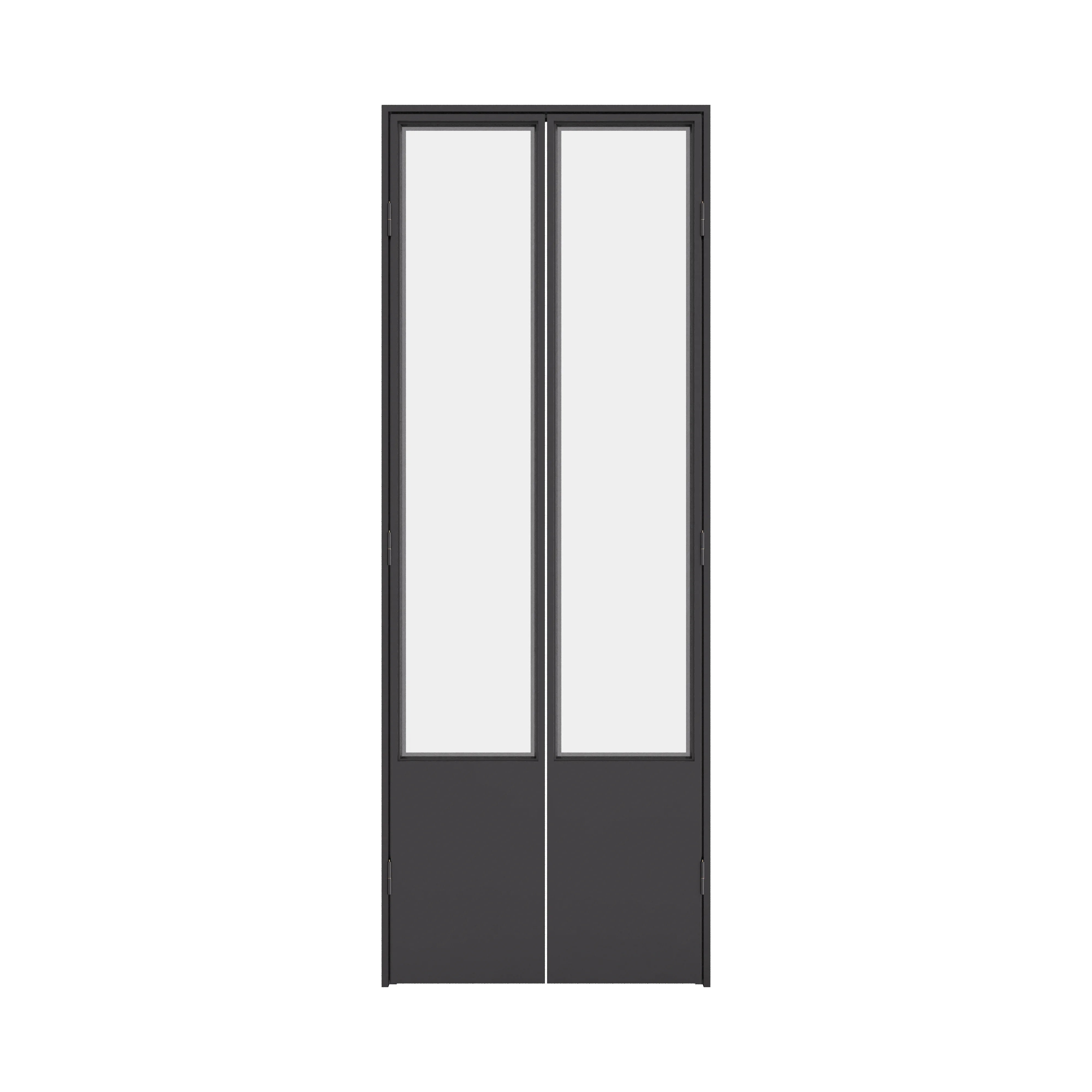 Modern interior pantry door with steel frame and large glass panel
