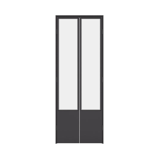 Modern interior pantry door with steel frame and large glass panel