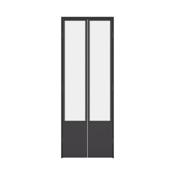 Modern interior pantry door with steel frame and large glass panel